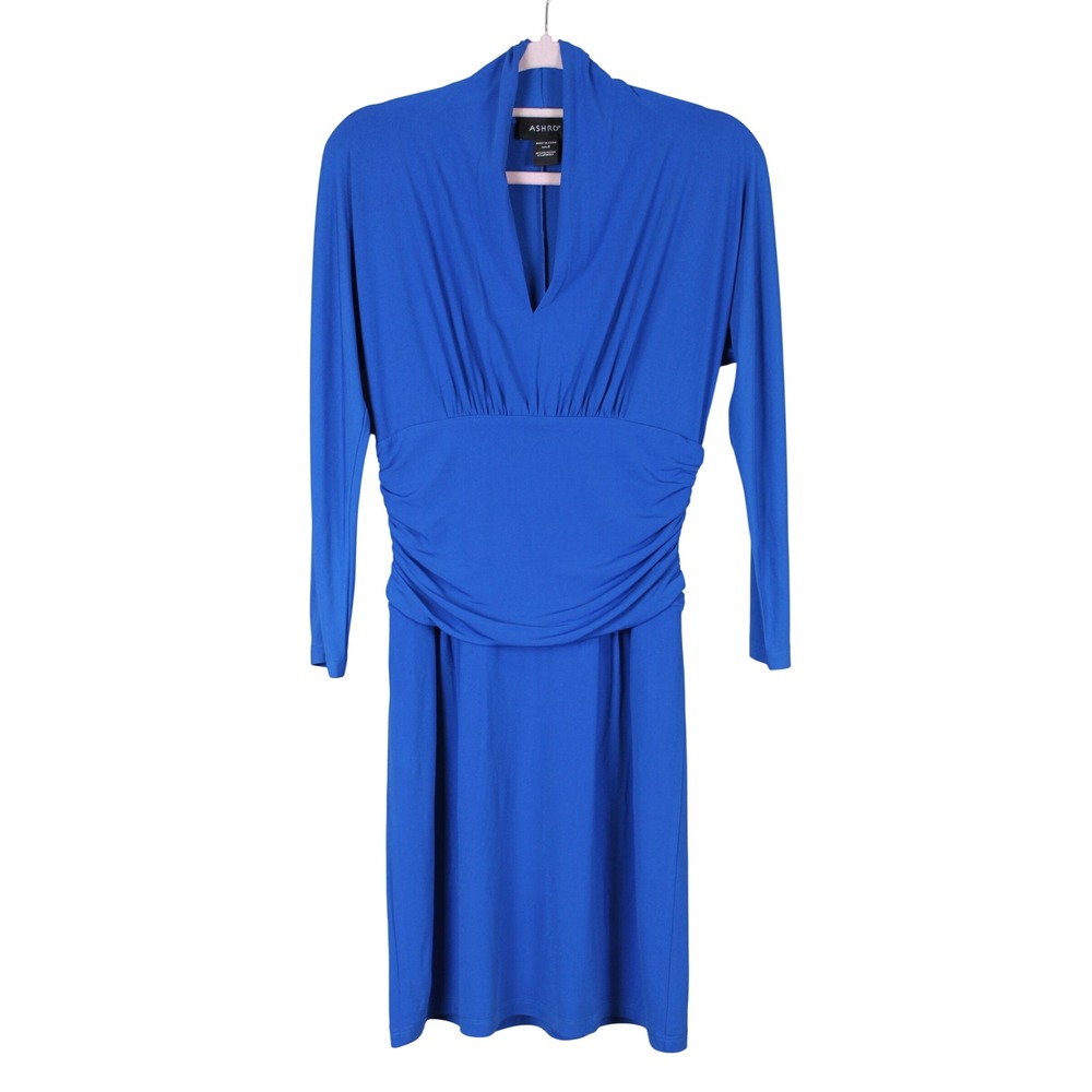 Ashro Vibrant Blue Stretchy Fluid Drap Ruched V-neck Knit to Knee Dress Size S